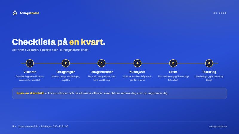 Checklista i sex steg innan du sätter in pengar på ett nytt casino: villkor, uttagsregler, uttagsmetoder, kundtjänst, gräns och testuttag